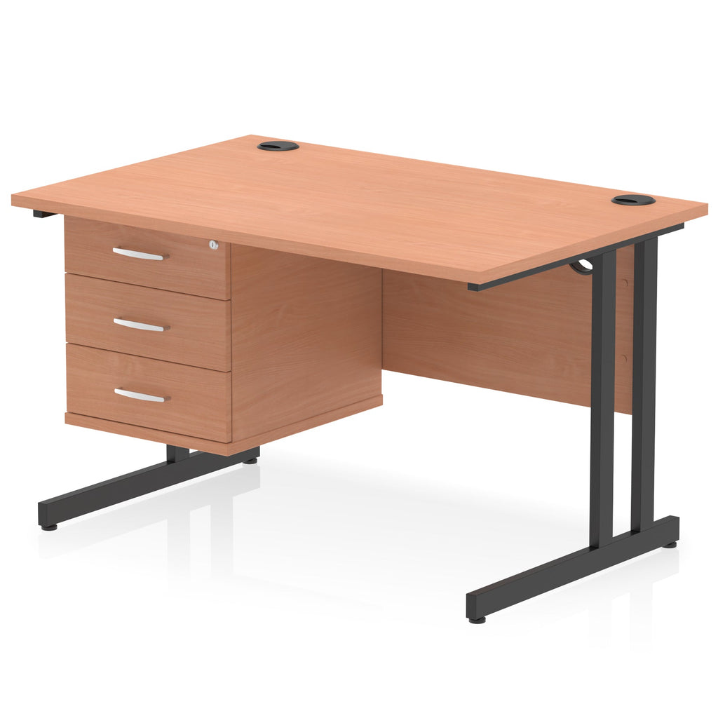 Office desk with wood-effect top and fixed pedestal with metal frame on a white background 