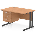 Office desk with wood-effect top and fixed pedestal with metal frame on a white background 