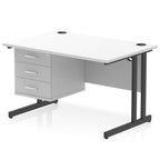 Office desk with white top and fixed pedestal with metal frame on a white background 