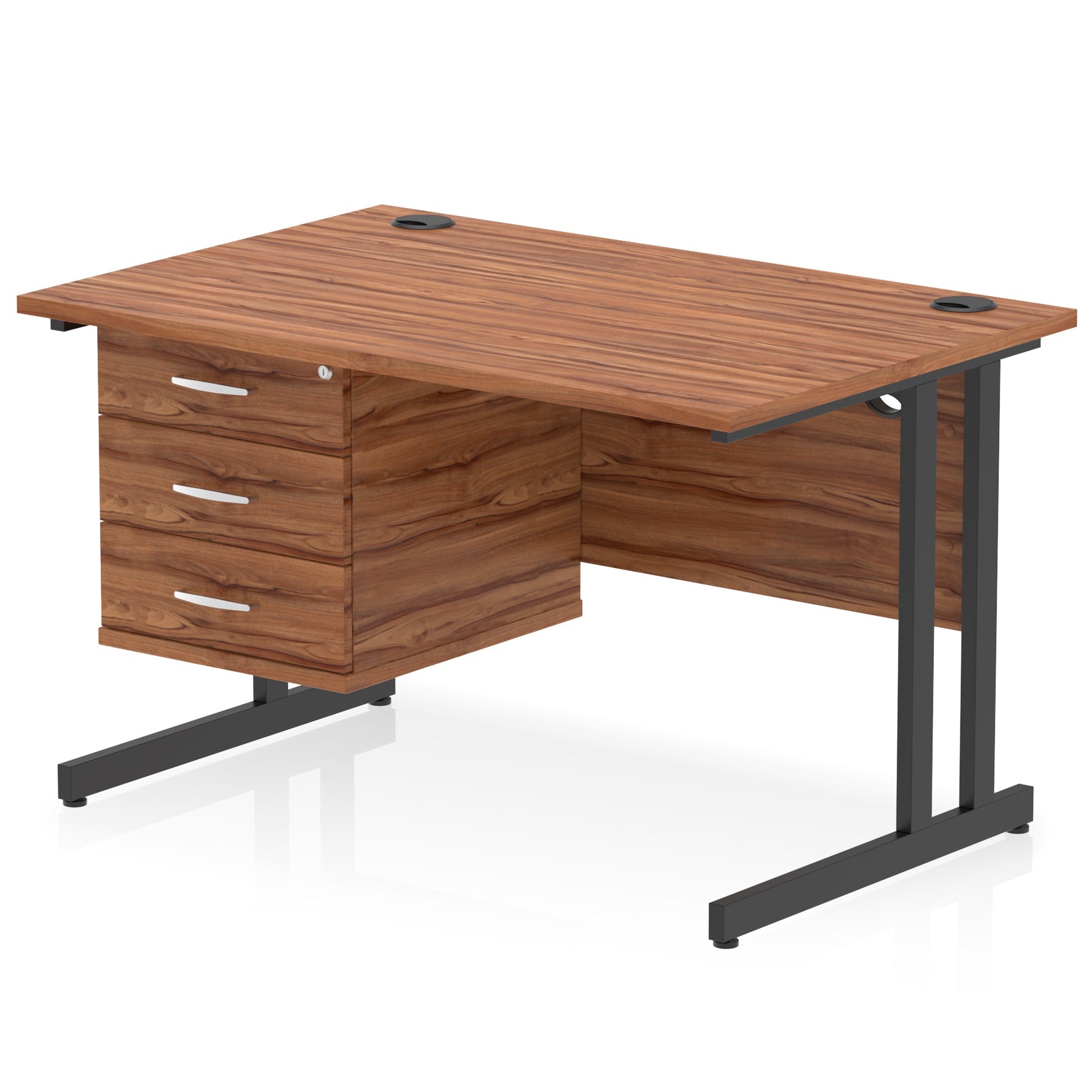 Office desk with wood-effect top and fixed pedestal with metal frame on a white background 
