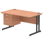 Wood-effect office desk with fixed pedestal and metal legs on a white background