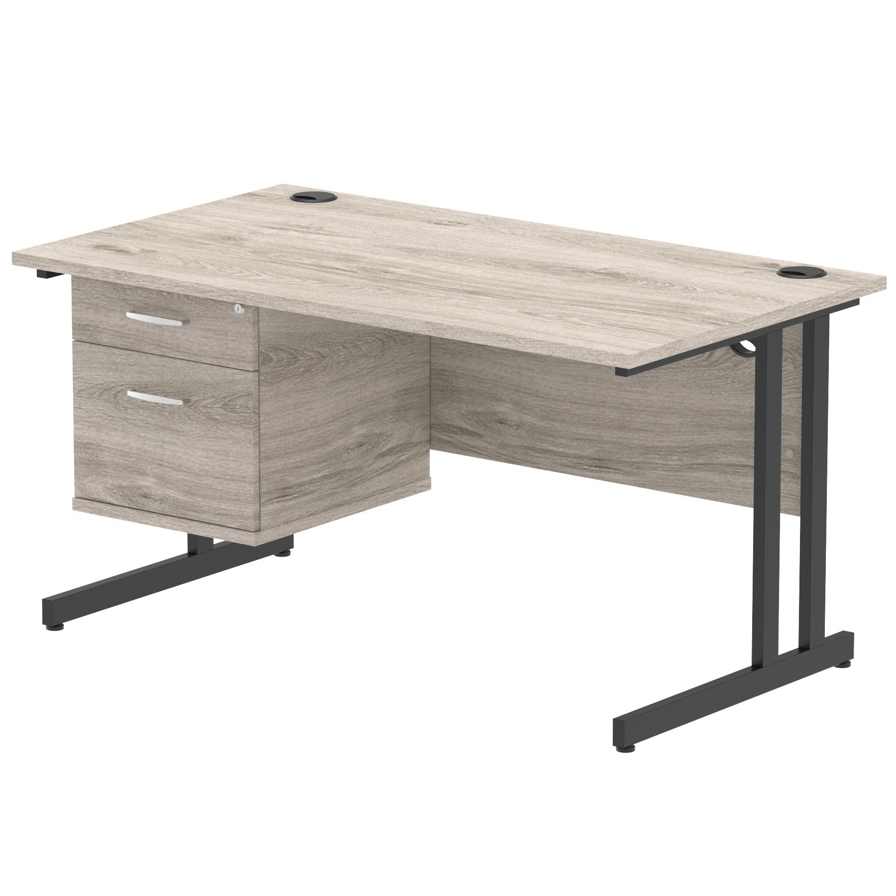Grey wood-effect office desk with fixed pedestal and metal legs on a white background