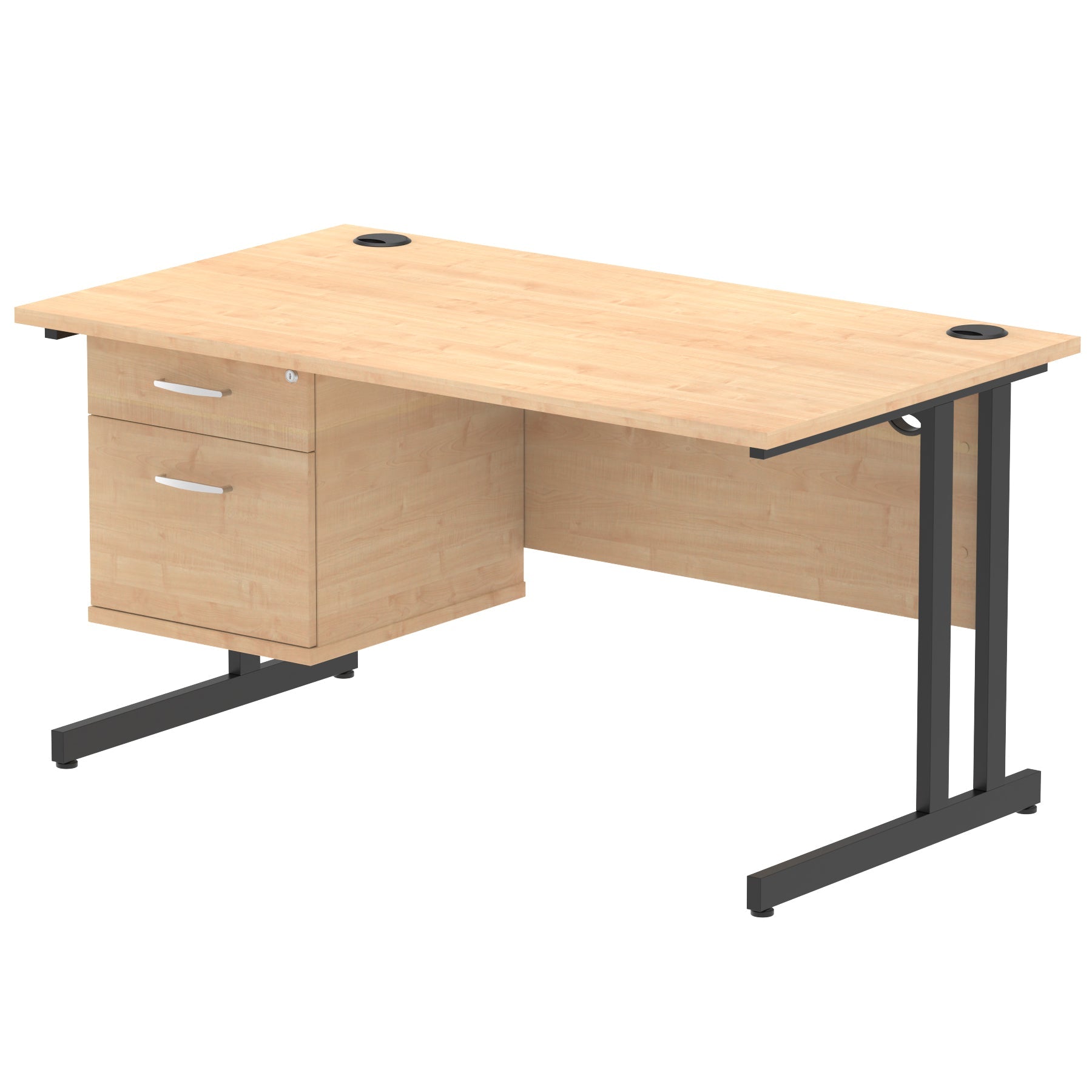 Wood-effect office desk with fixed pedestal and metal legs on a white background