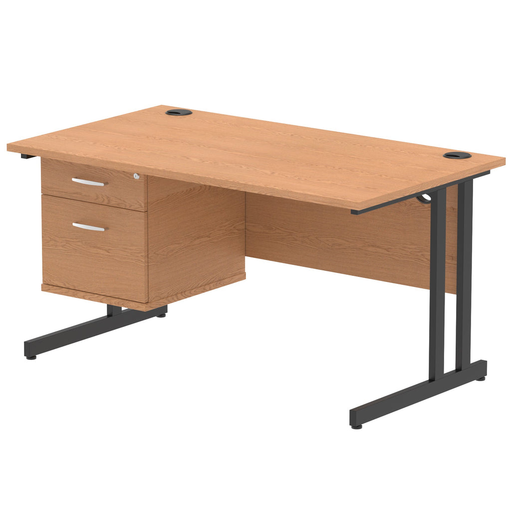 Wood-effect office desk with fixed pedestal and metal legs on a white background