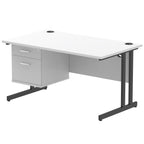 White office desk with fixed pedestal and metal legs on a white background