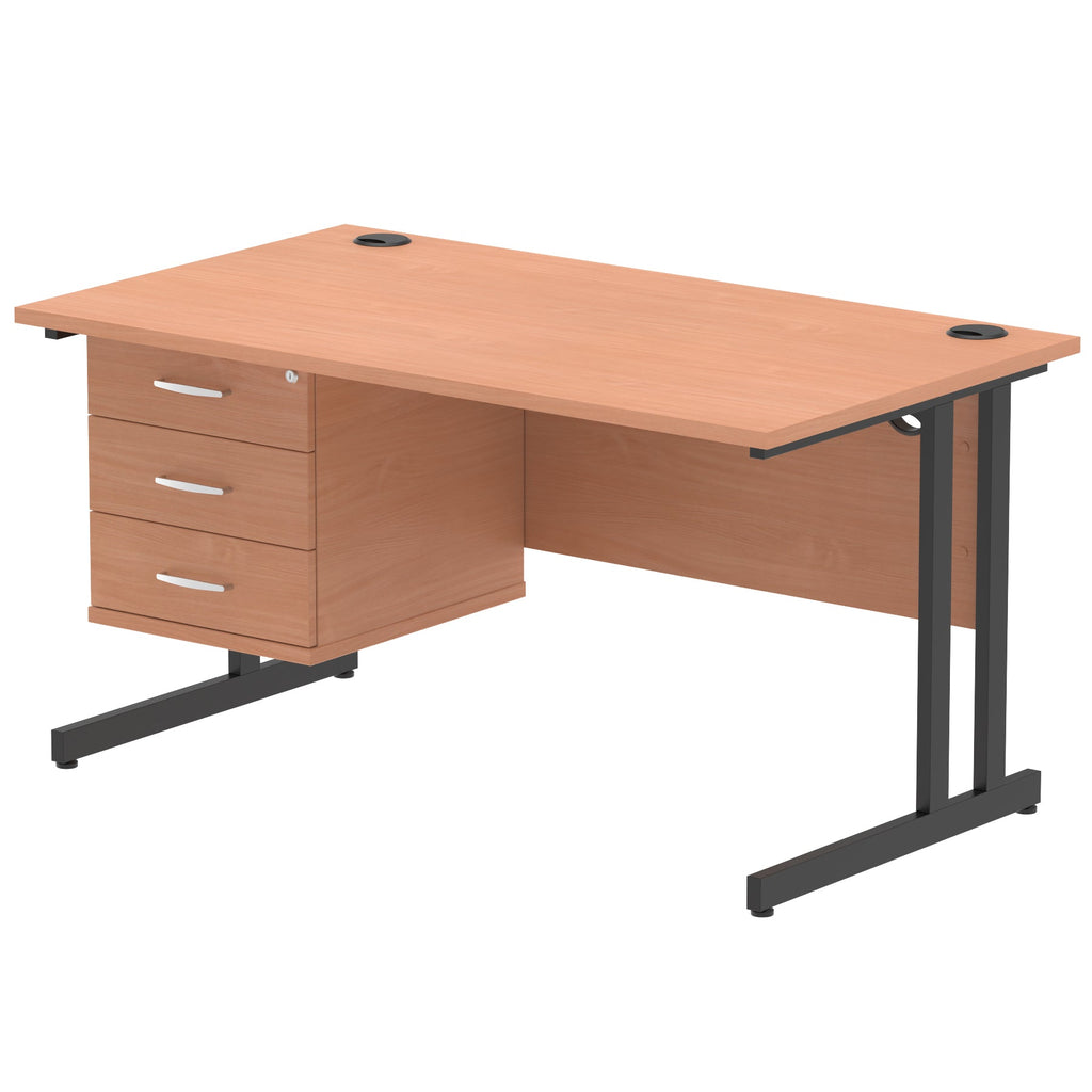 Wood-effect office desk with fixed pedestal and metal legs on a white background