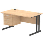 Wood-effect office desk with fixed pedestal and metal legs on a white background