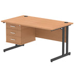 Wood-effect office desk with fixed pedestal and metal legs on a white background