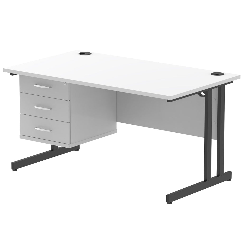 White office desk with fixed pedestal and metal legs on a white background