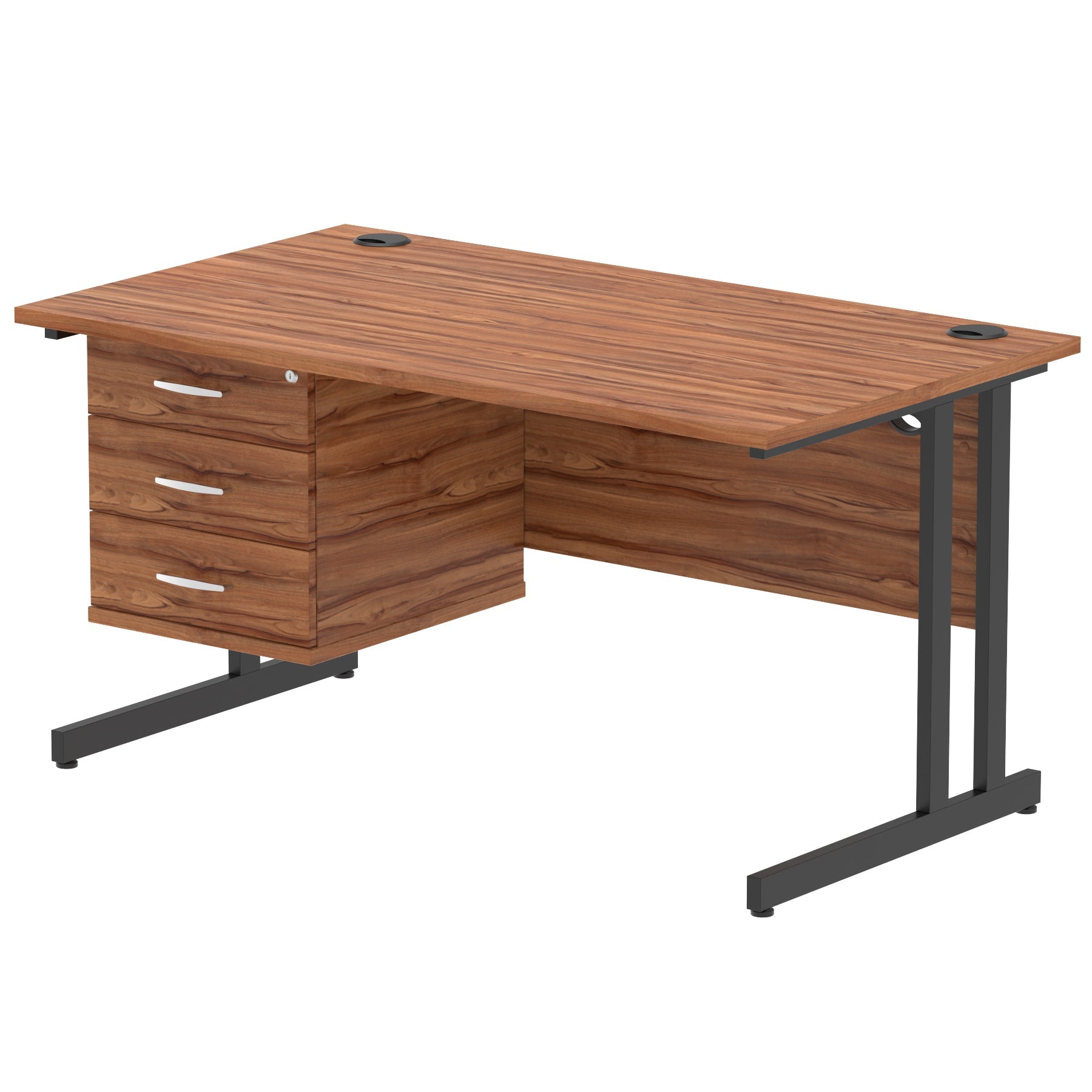 Wood-effect office desk with fixed pedestal and metal legs on a white background