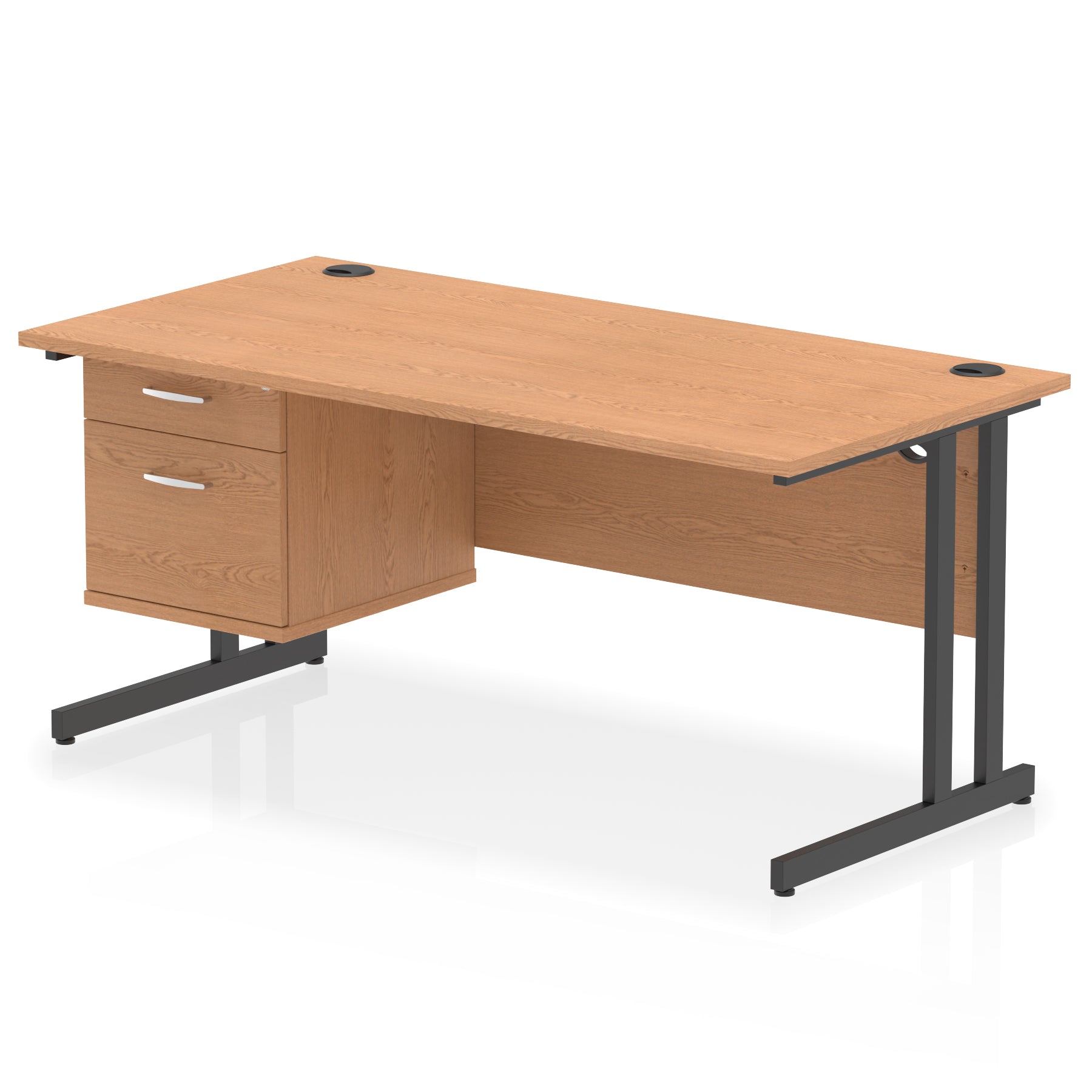 Wood-effect office desk with drawers and metal legs on a white background