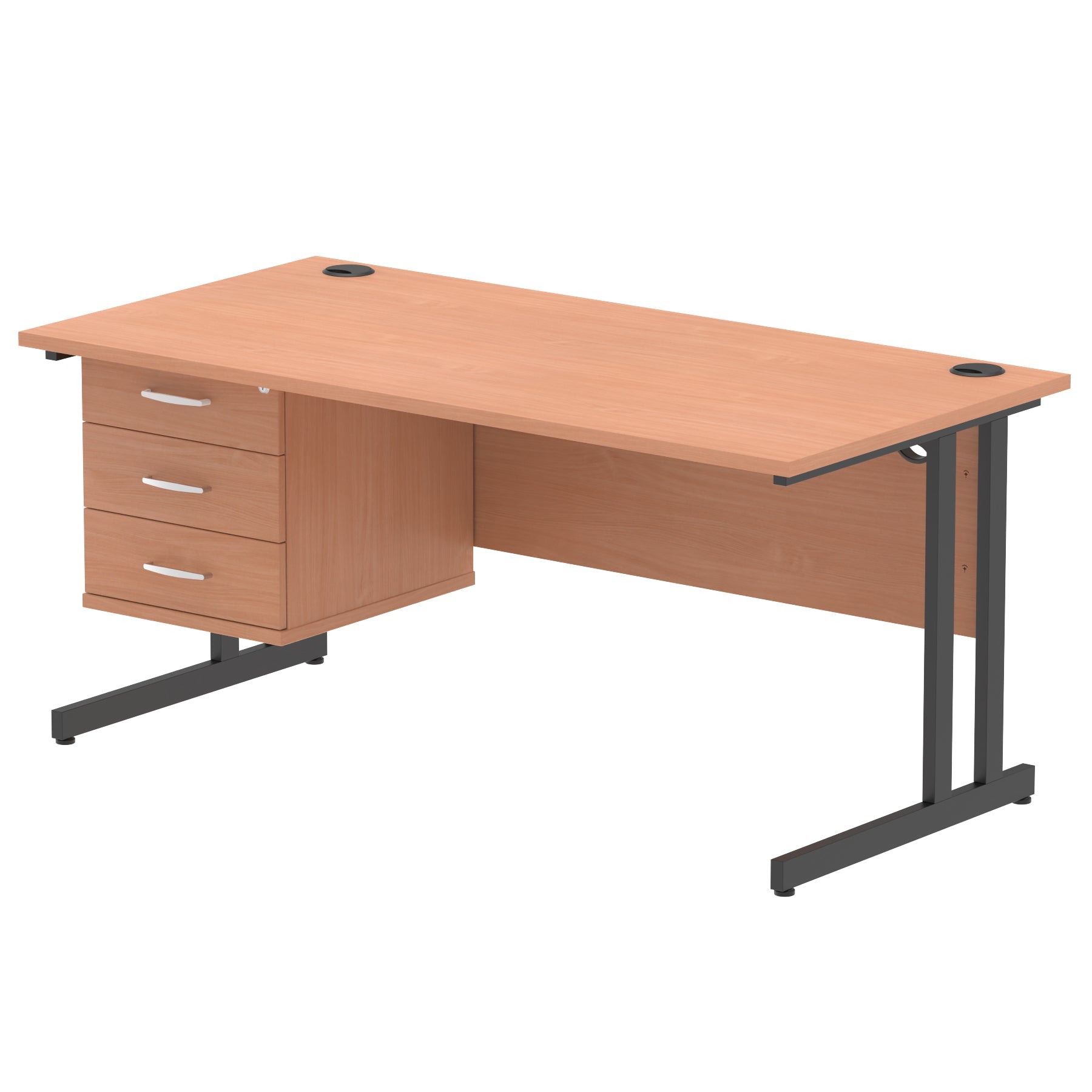 Wood-effect office desk with drawers and metal legs on a white background