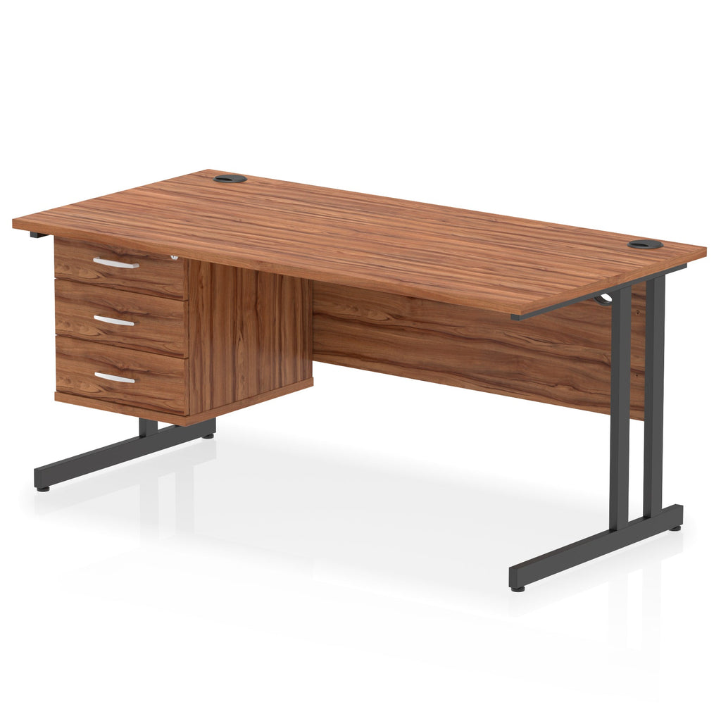 Wood-effect office desk with drawers and metal legs on a white background