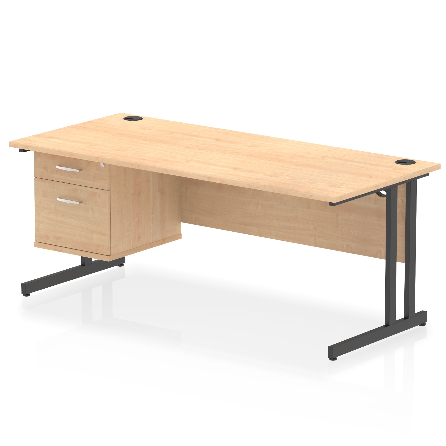 Office desk with wood-effect top, matching drawers and metal legs on a white background