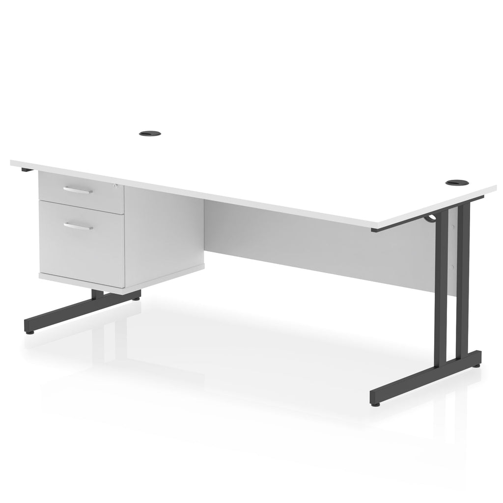 Office desk with white top, matching drawers and metal legs on a white background