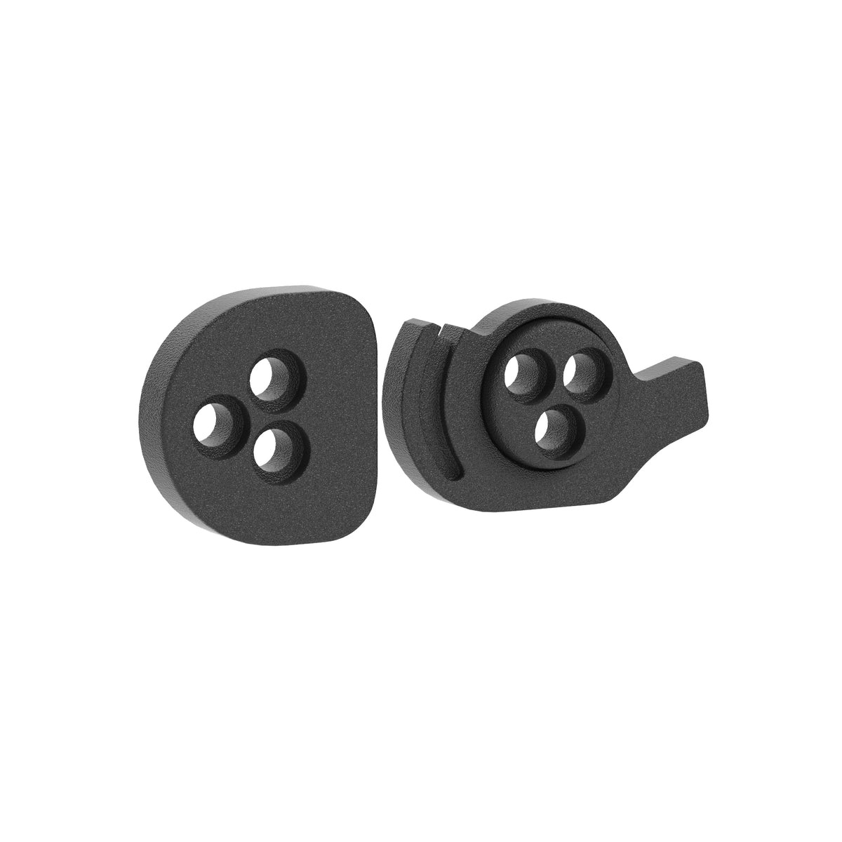 Two black metal components on a white background