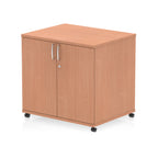 Wood-effect storage cabinet with two doors on wheels against a white background