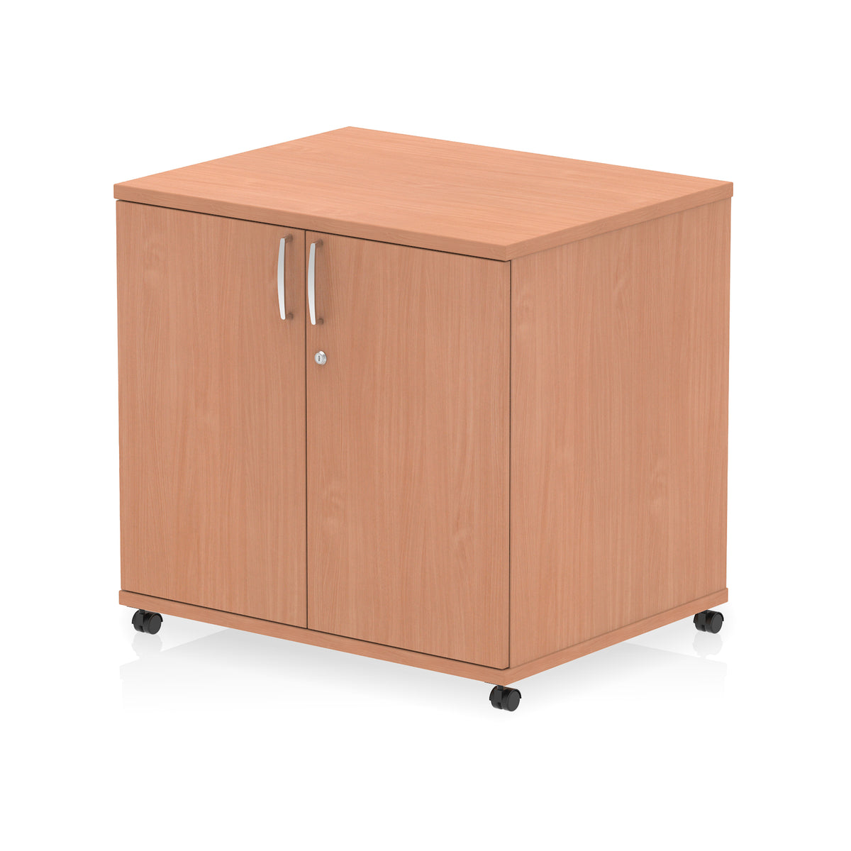 Wood-effect storage cabinet with two doors on wheels against a white background