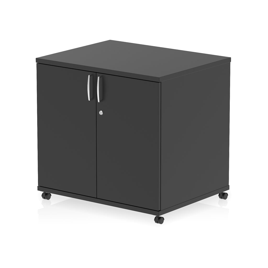 Black storage cabinet with two doors on a white background
