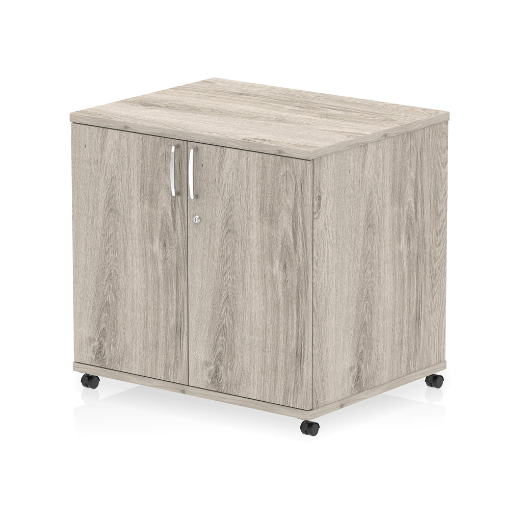 Grey wood-effect storage cabinet with two doors on wheels against a white background