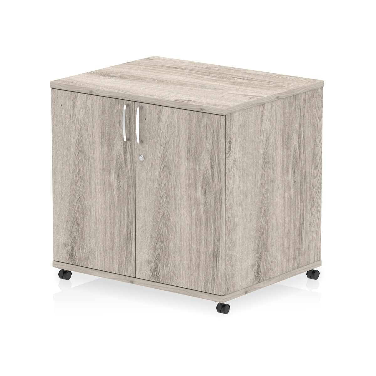 Grey wood-effect storage cabinet with two doors on wheels against a white background