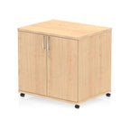 Wood-effect storage cabinet with two doors on wheels against a white background