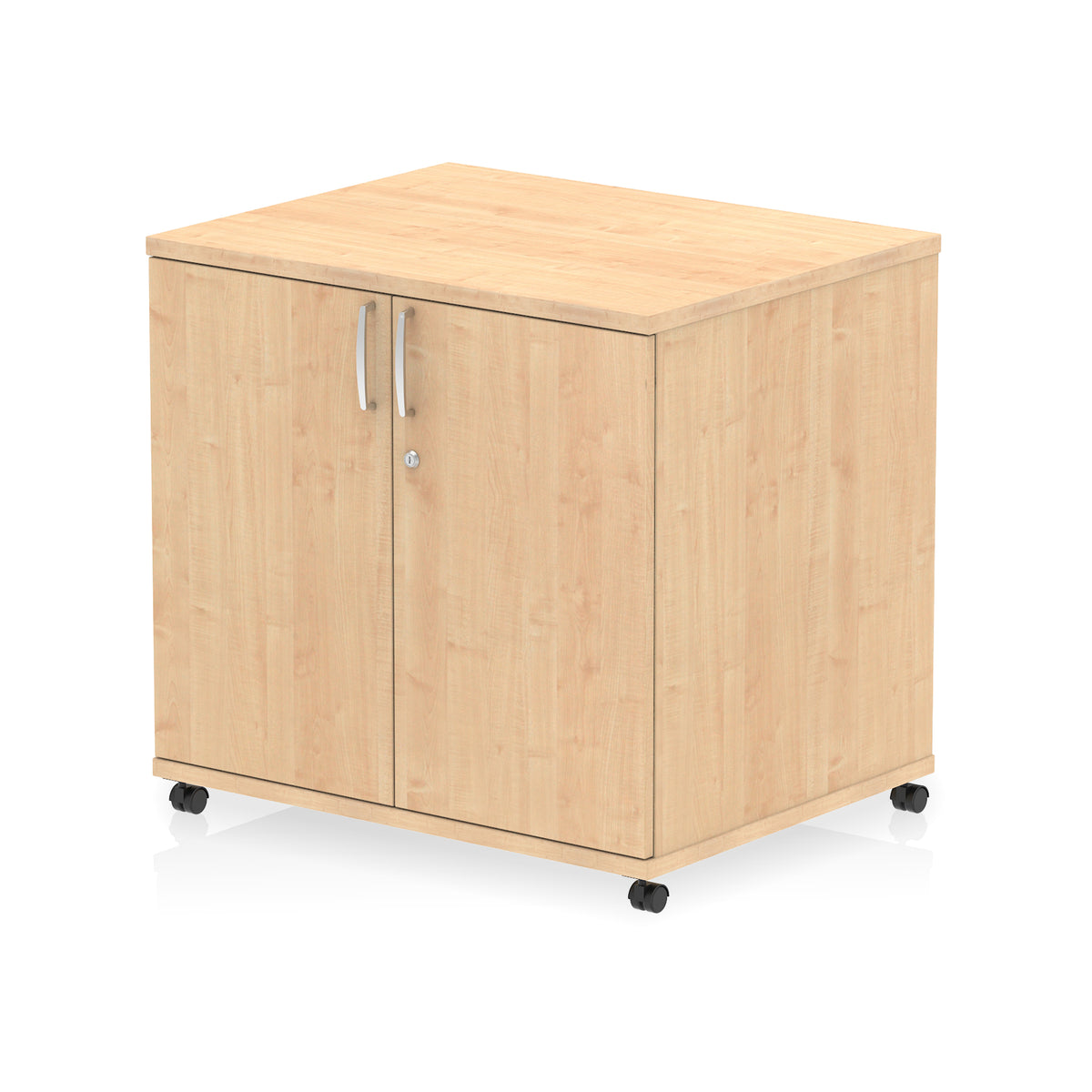 Wood-effect storage cabinet with two doors on wheels against a white background