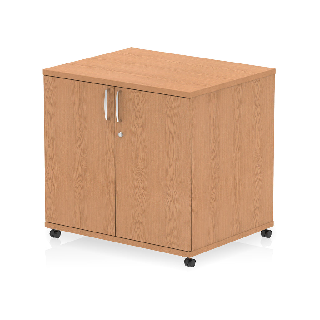 Wood-effect storage cabinet with two doors on wheels against a white background