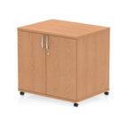Wood-effect storage cabinet with two doors on wheels against a white background