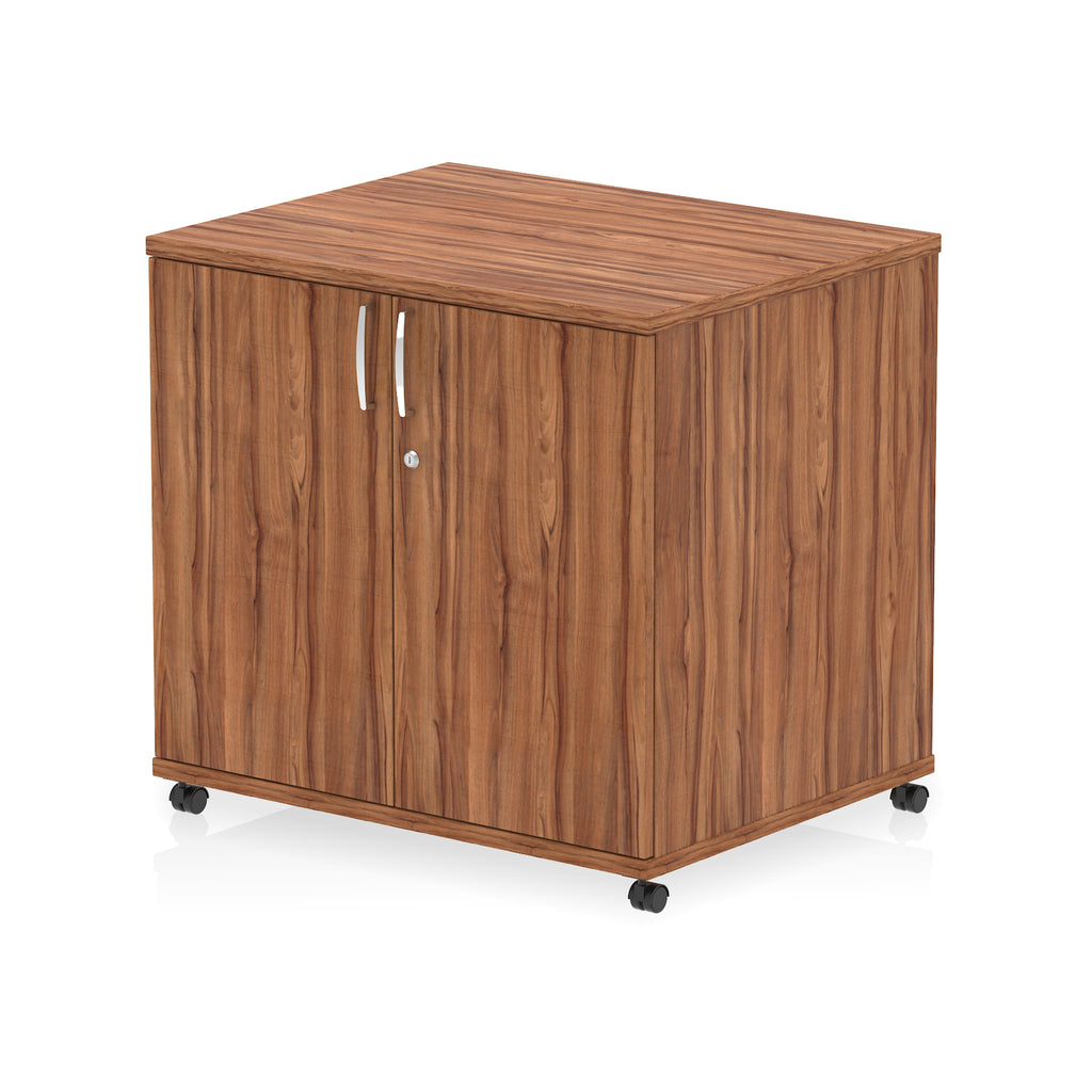 Wood-effect storage cabinet with two doors on wheels against a white background