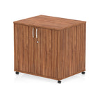 Wood-effect storage cabinet with two doors on wheels against a white background