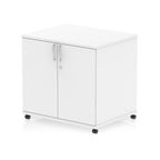 White storage cabinet with two doors on wheels against a white background