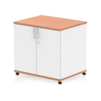White and wood-effect storage cabinet with two doors on wheels against a white background