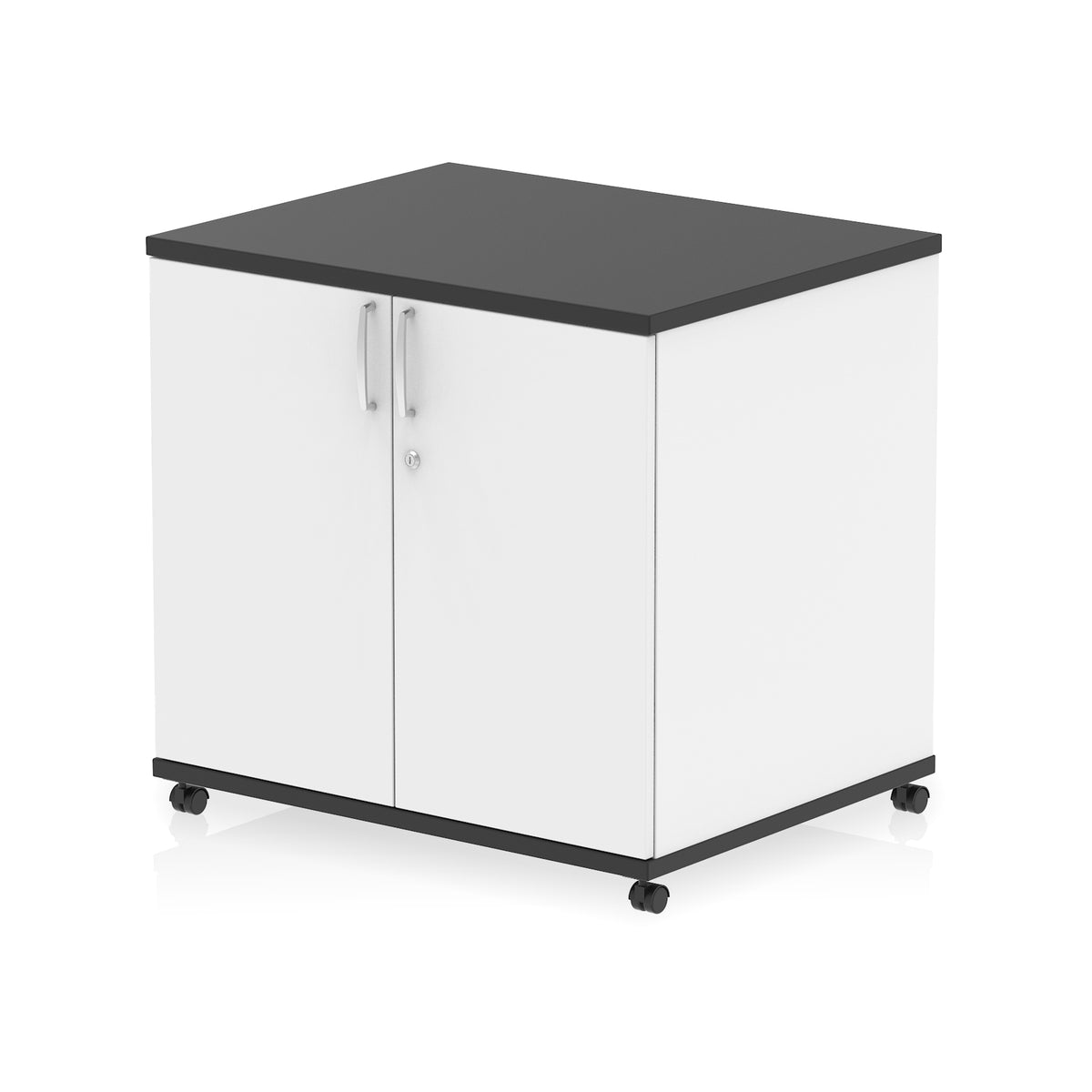 White and black storage cabinet with two doors on wheels against a white background