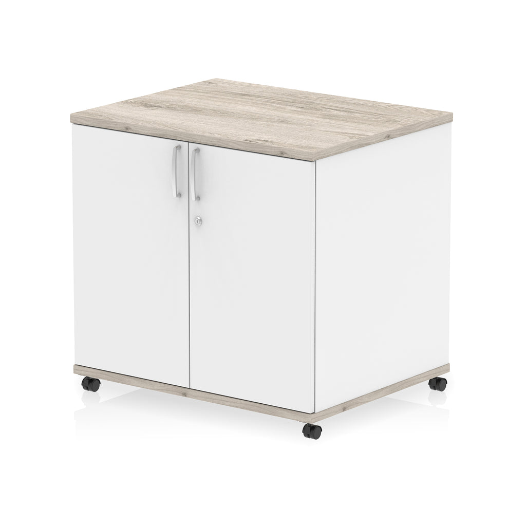 White and grey wood-effect storage cabinet with two doors on wheels against a white background