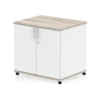 White and grey wood-effect storage cabinet with two doors on wheels against a white background