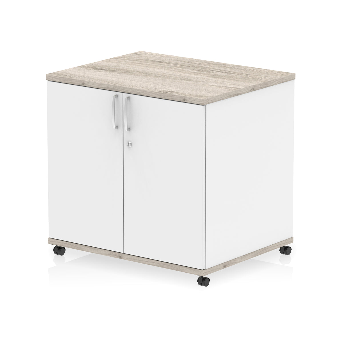 White and grey wood-effect storage cabinet with two doors on wheels against a white background