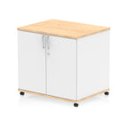 White and wood-effect storage cabinet with two doors on wheels against a white background