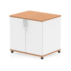 White and wood-effect storage cabinet with two doors on wheels against a white background