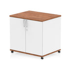 White and wood-effect storage cabinet with two doors on wheels against a white background