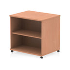 Mobile wood-effect bookcase with one shelf on a white background