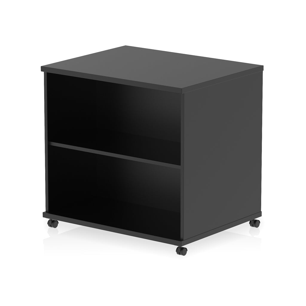 Mobile black bookcase with one shelf on a white background