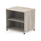 Mobile grey wood-effect bookcase with one shelf on a white background