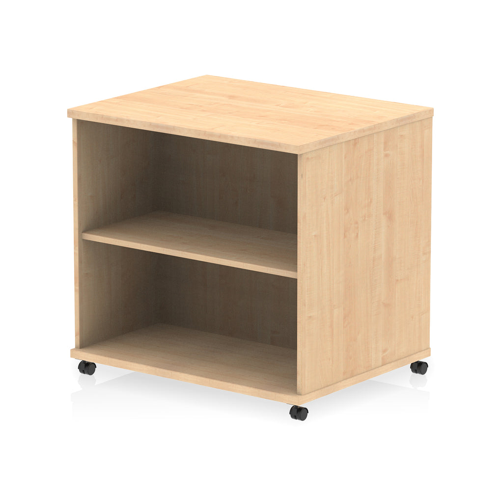 Mobile wood-effect bookcase with one shelf on a white background