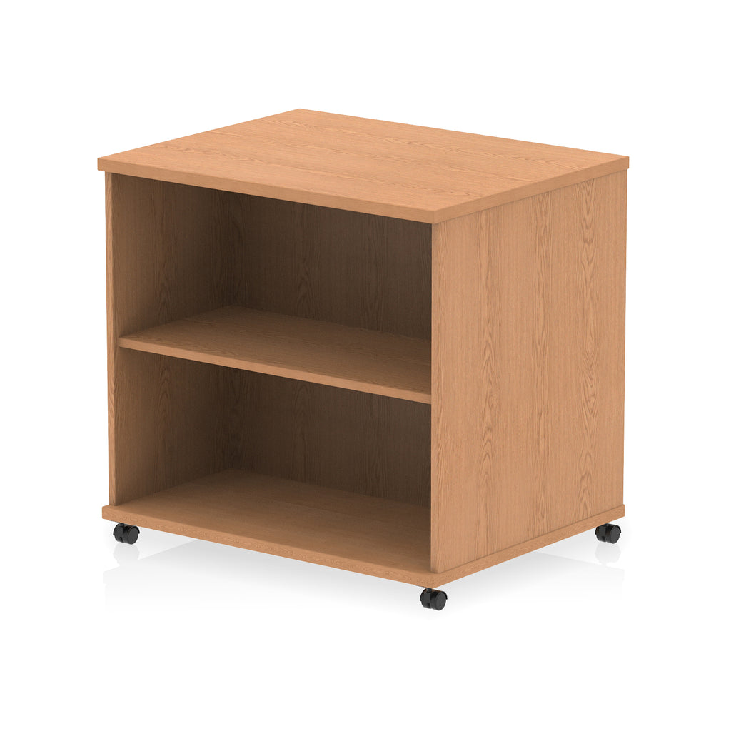 Mobile wood-effect bookcase with one shelf on a white background