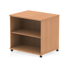 Mobile wood-effect bookcase with one shelf on a white background