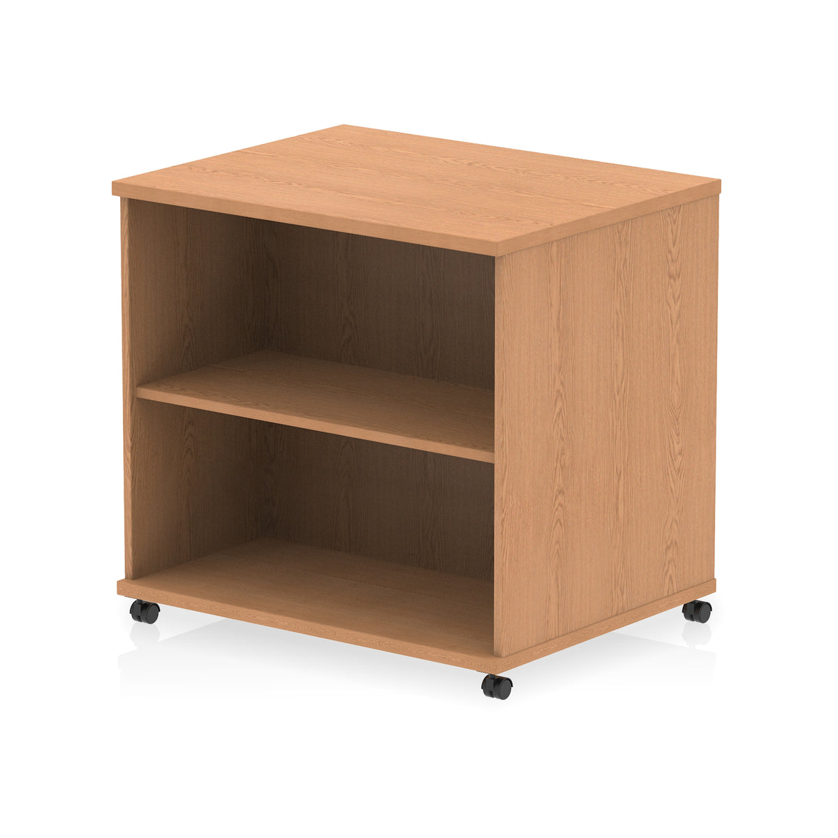 Mobile wood-effect bookcase with one shelf on a white background