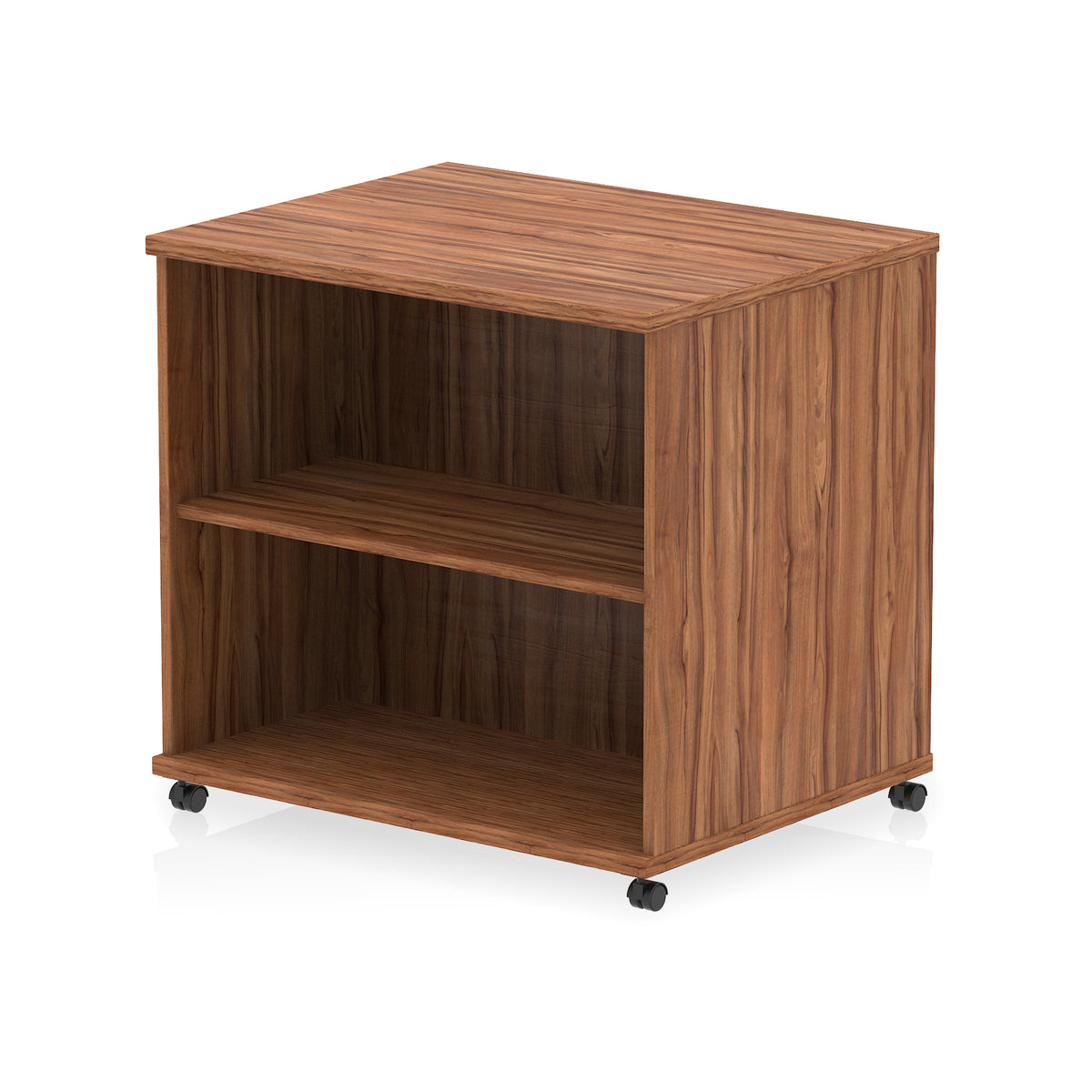 Mobile wood-effect bookcase with one shelf on a white background