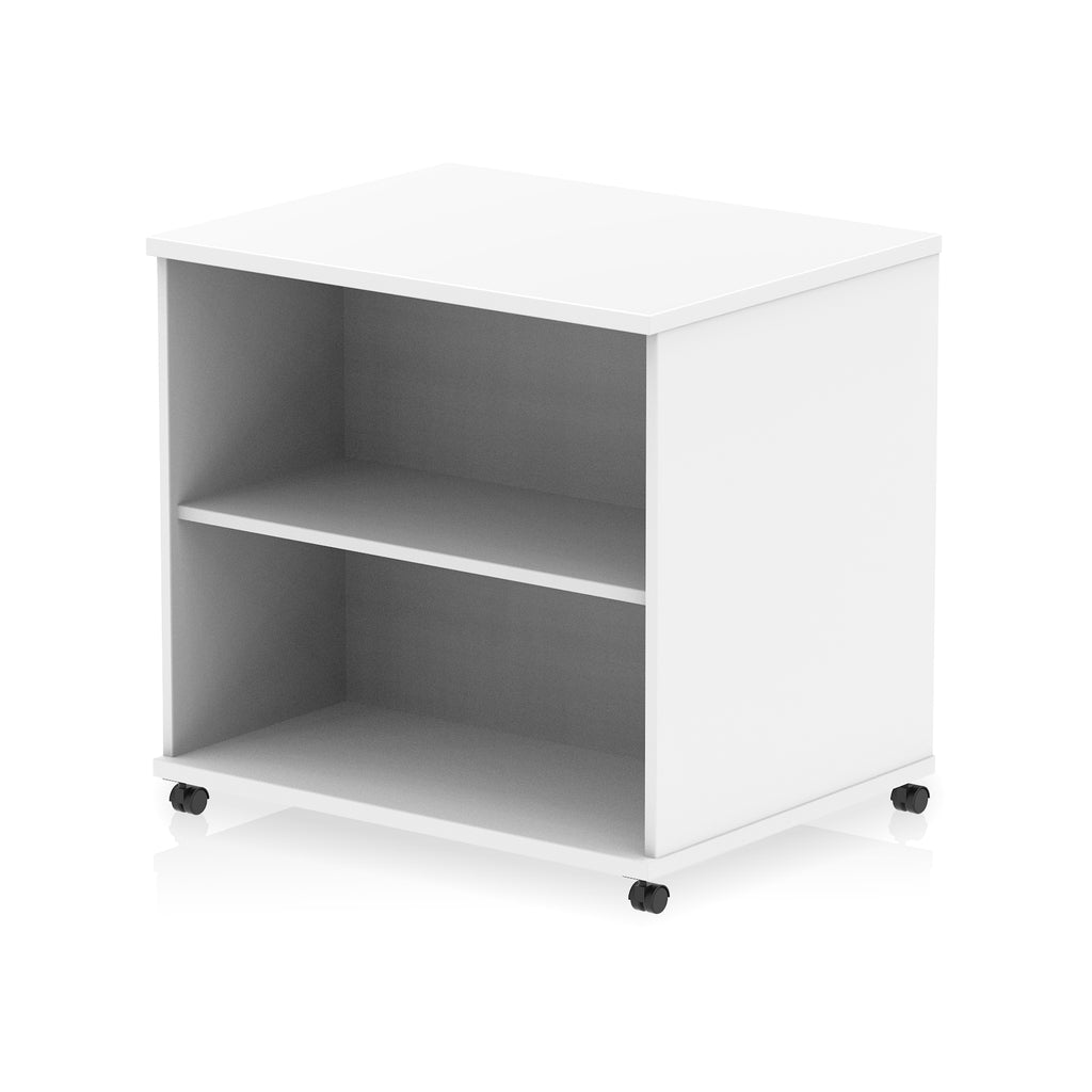 Mobile white bookcase with one shelf on a white background