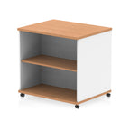 Mobile white and wooden bookcase with one shelf on a white background